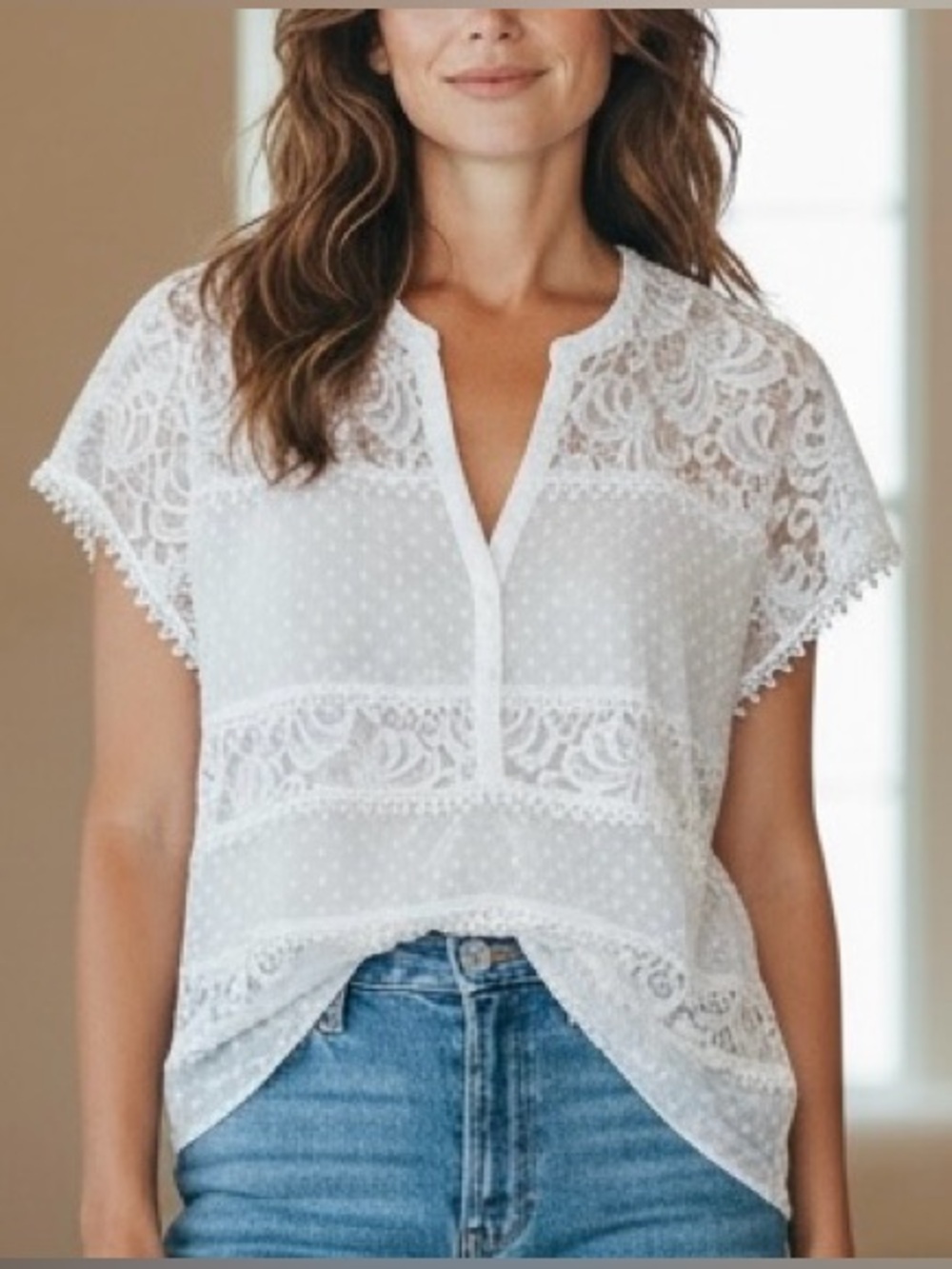 NWT The Limited Boho Sheer Lace Crochet V-Neck White Blouse Size Large Career